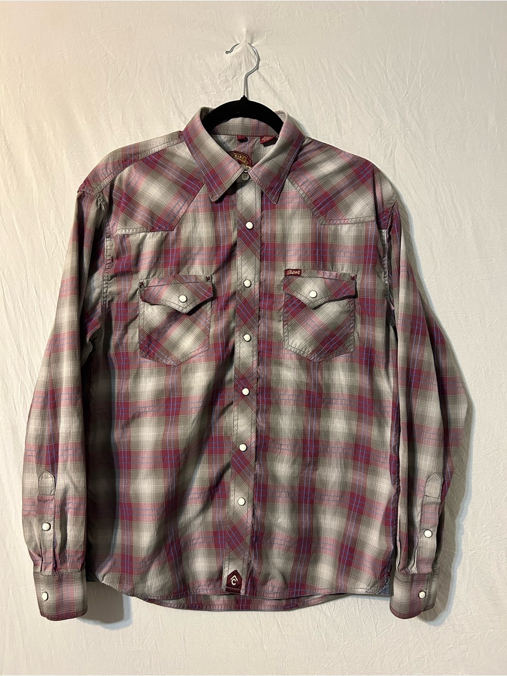 Rafter C Men's Maroon Grey Plaid Western Pearl Snap Rodeo Shirt Large